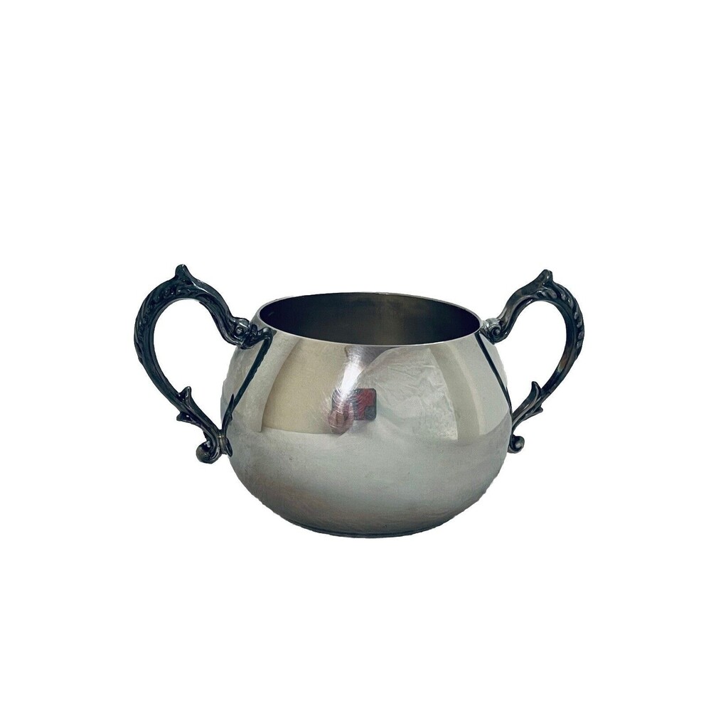 Sheridan Silver On Copper Open Sugar Bowl With Ornate Handles 2.5" Tall Vintage